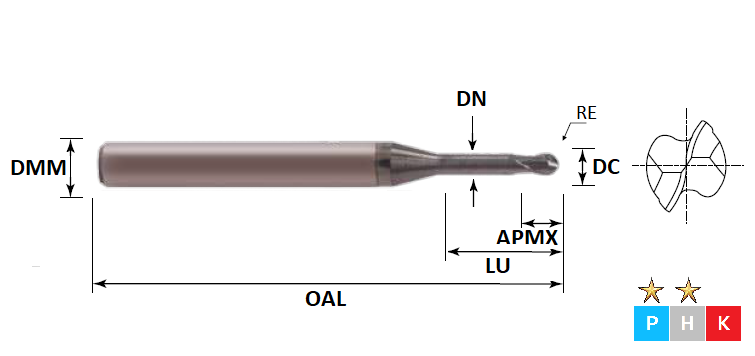 0.6mm 2 Flute (2.0mm Effective Length) Ball Nose Rib Processing Pulsar DMX Carbide Slot Drill